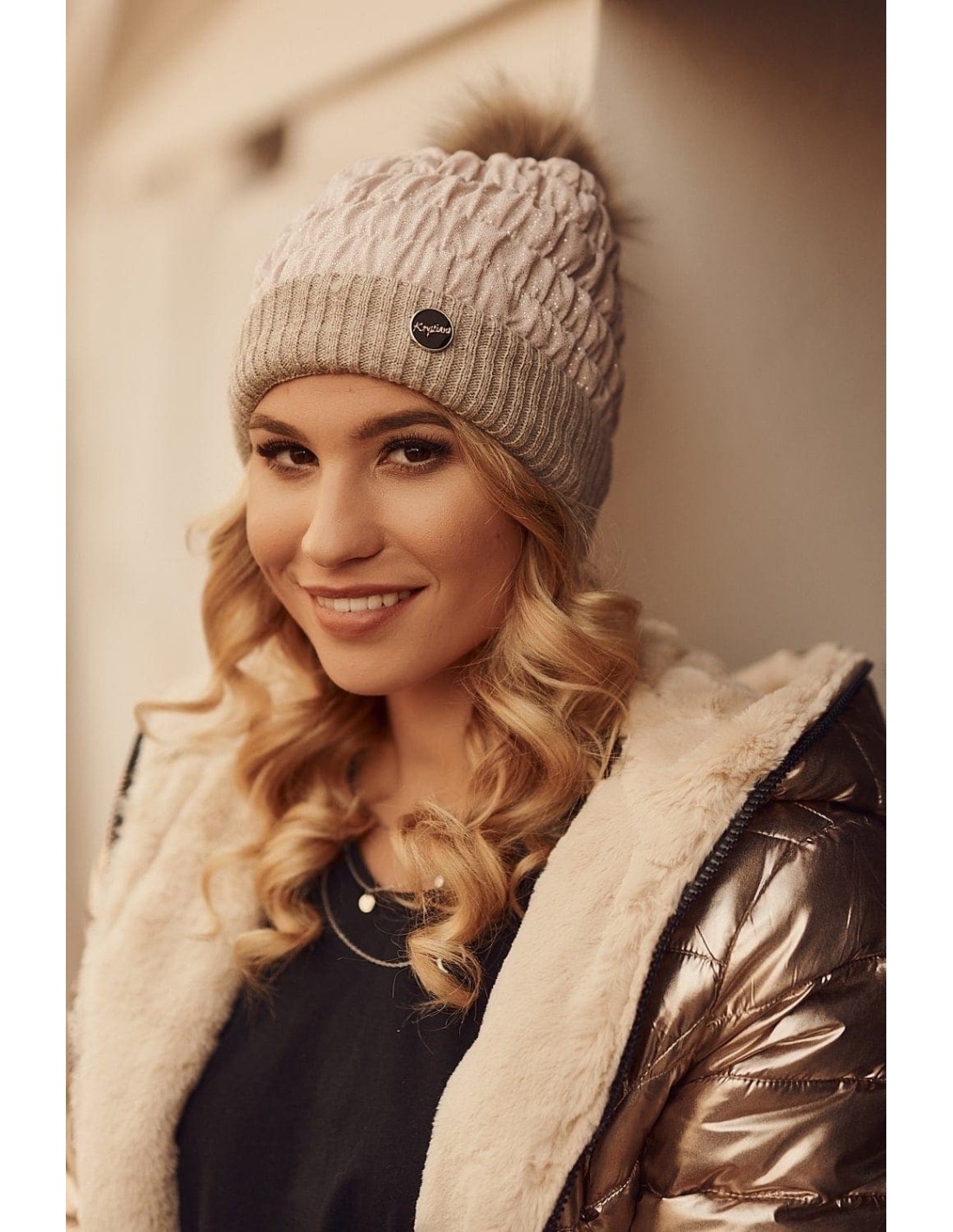 Ruffled hat with glitter and cappuccino pompom C59 - Online store - Boutique